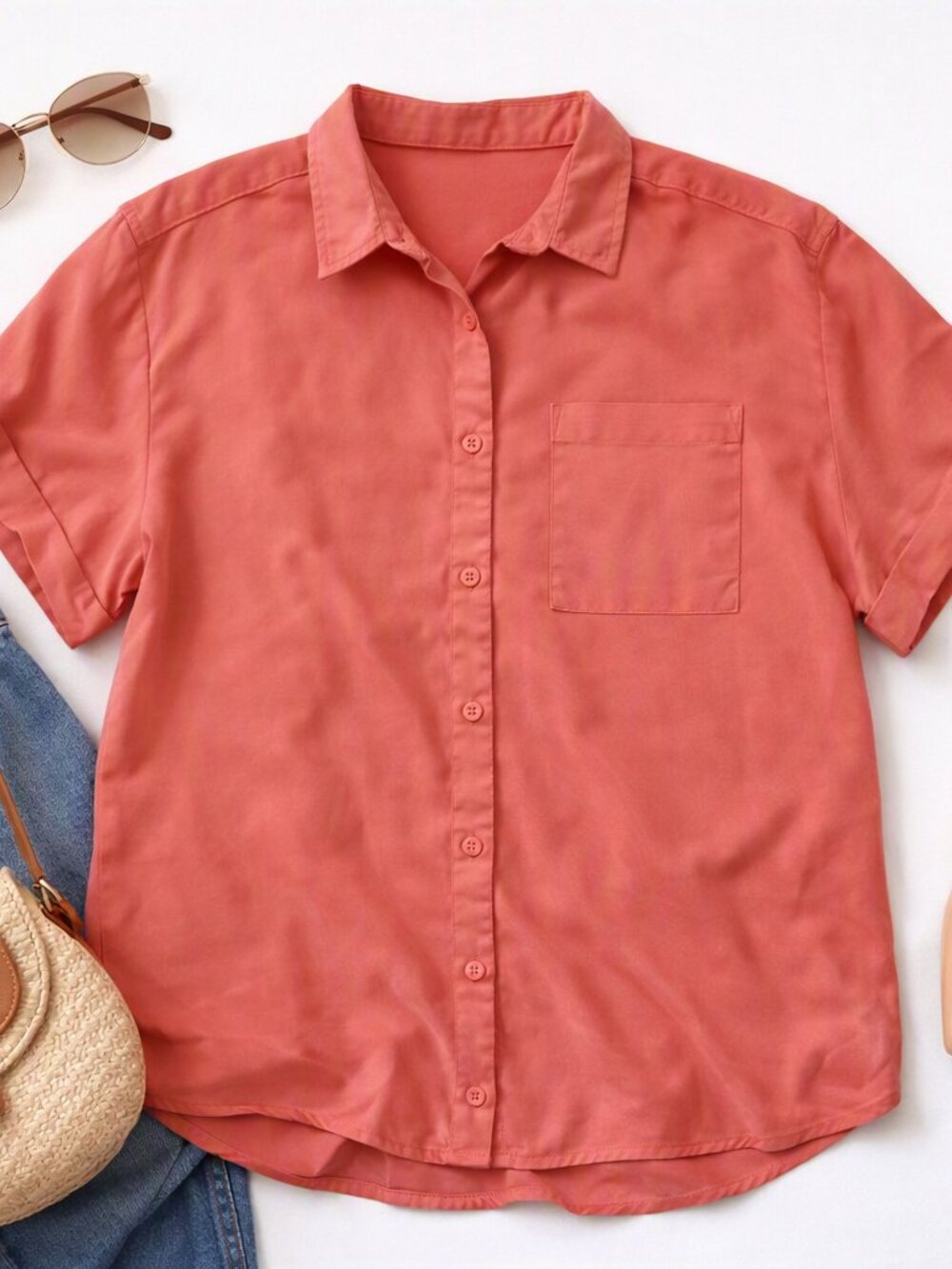 Como Vintage Lyocell Coral Short‑Sleeve Button‑Up Blouse – Size M